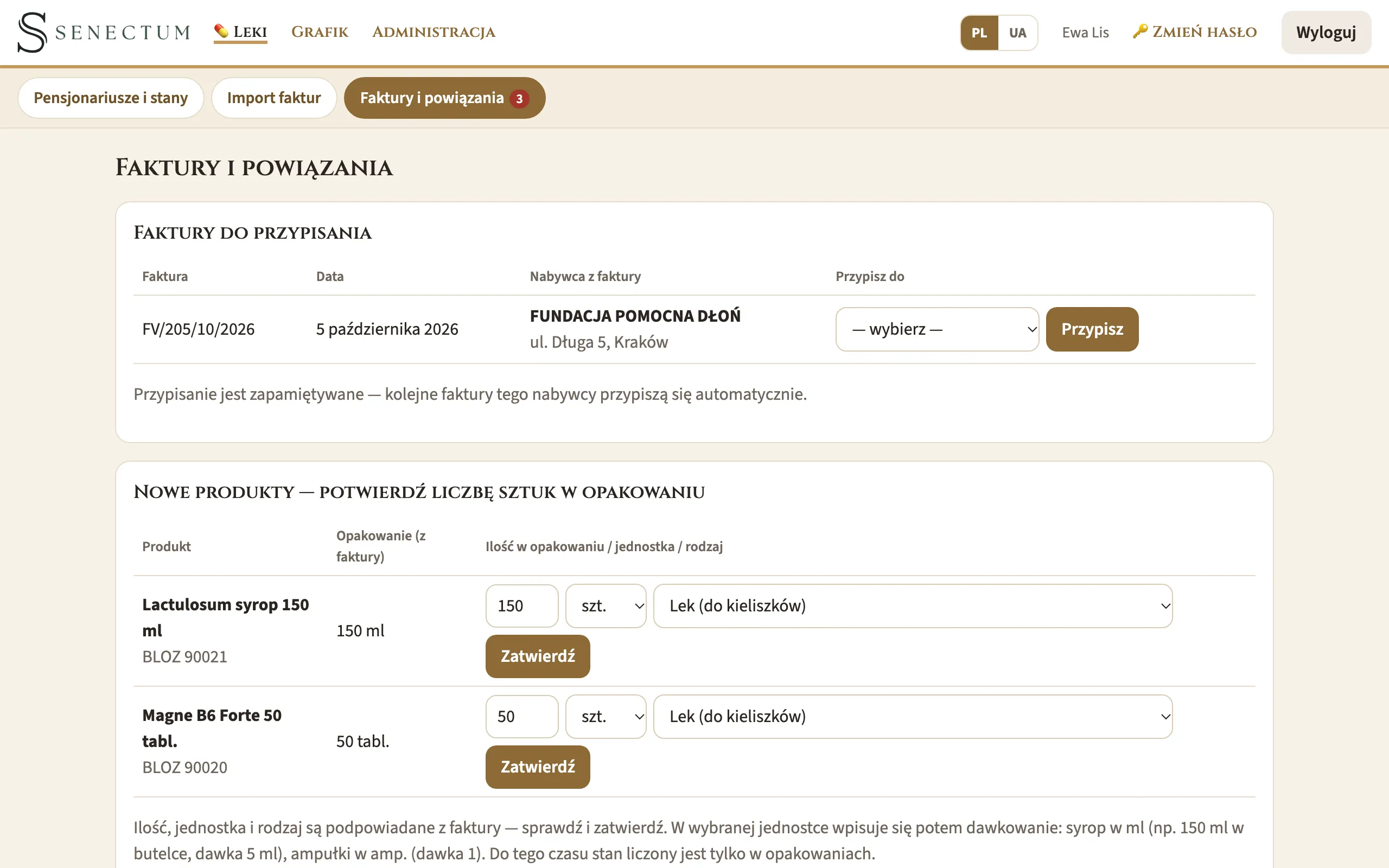 Faktury do przypisania i nowe produkty z podpowiedzią liczby sztuk w opakowaniu