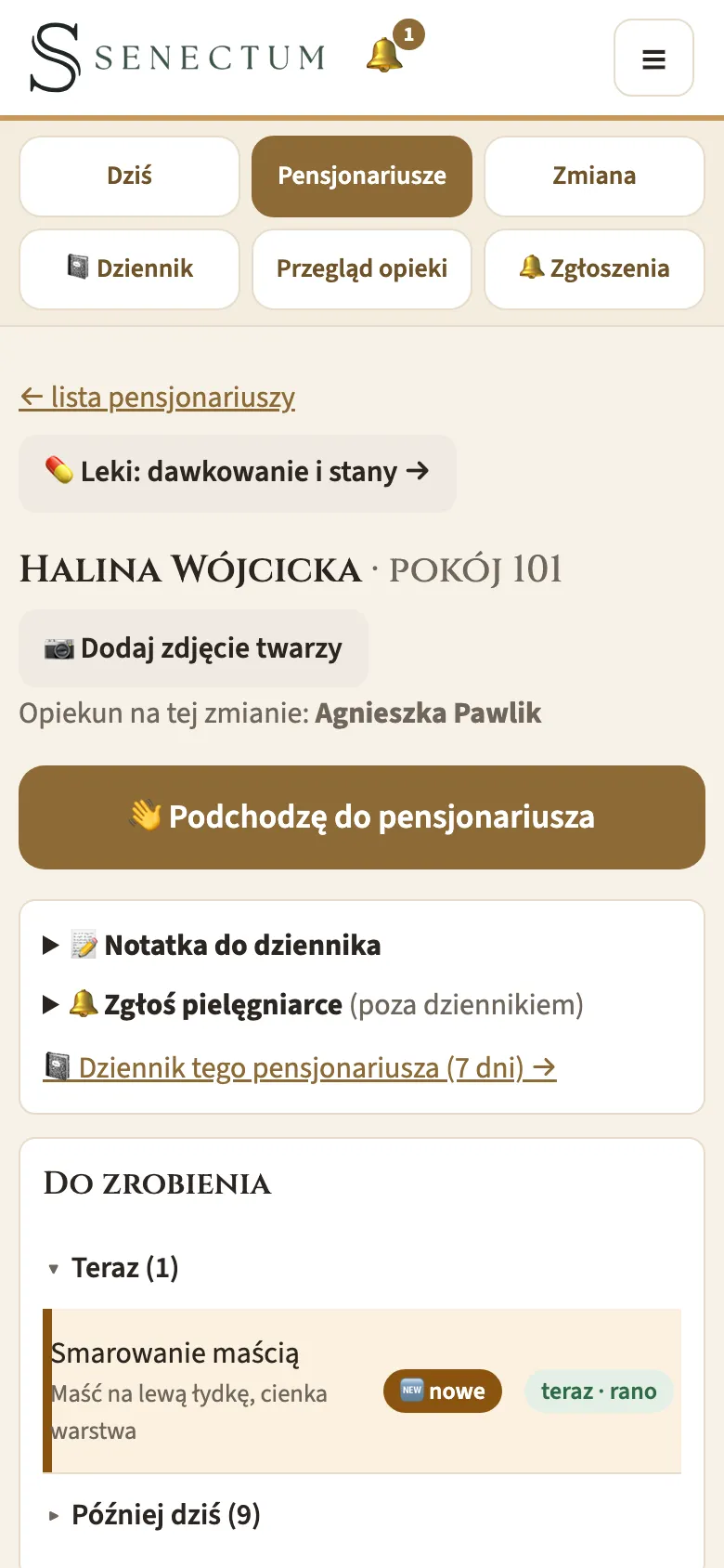 Karta pensjonariusza z przyciskiem Zgłoś pielęgniarce