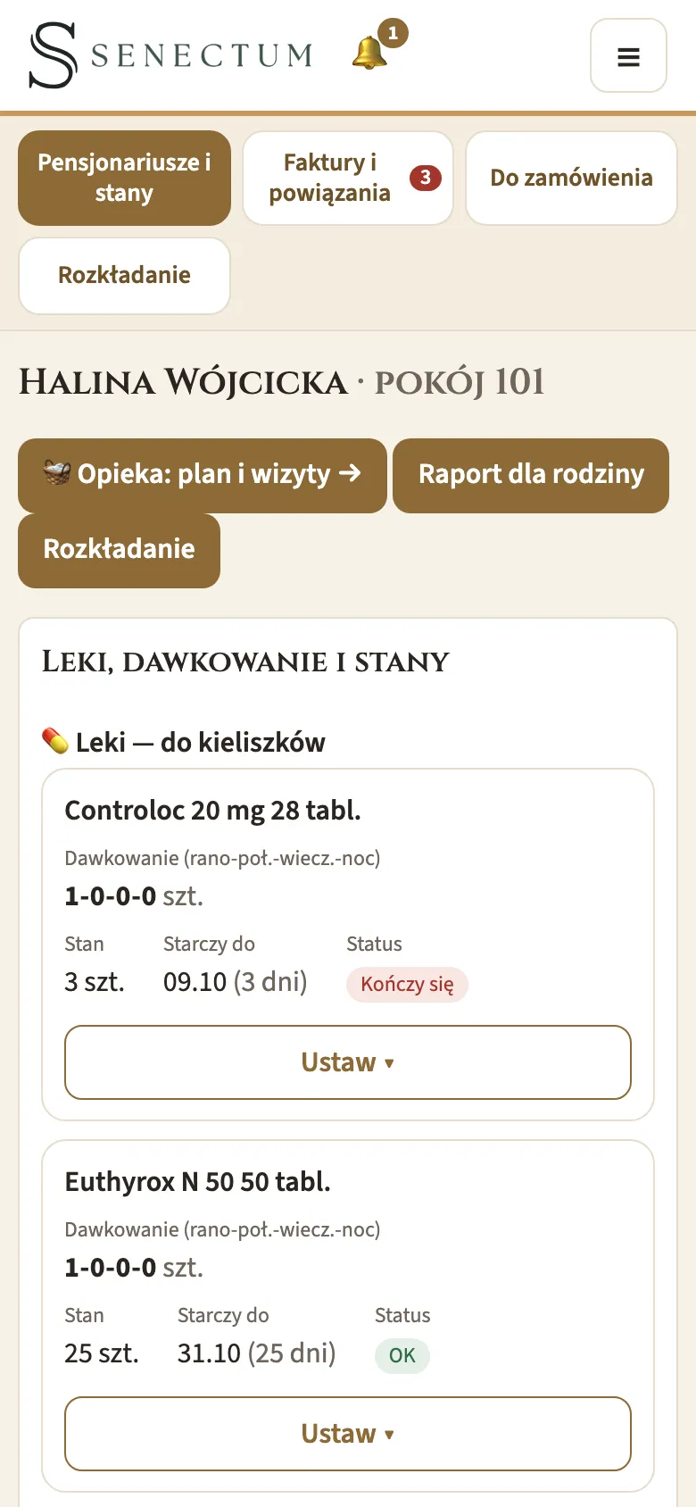 Karta leków pensjonariusza ze stanami i dawkowaniem