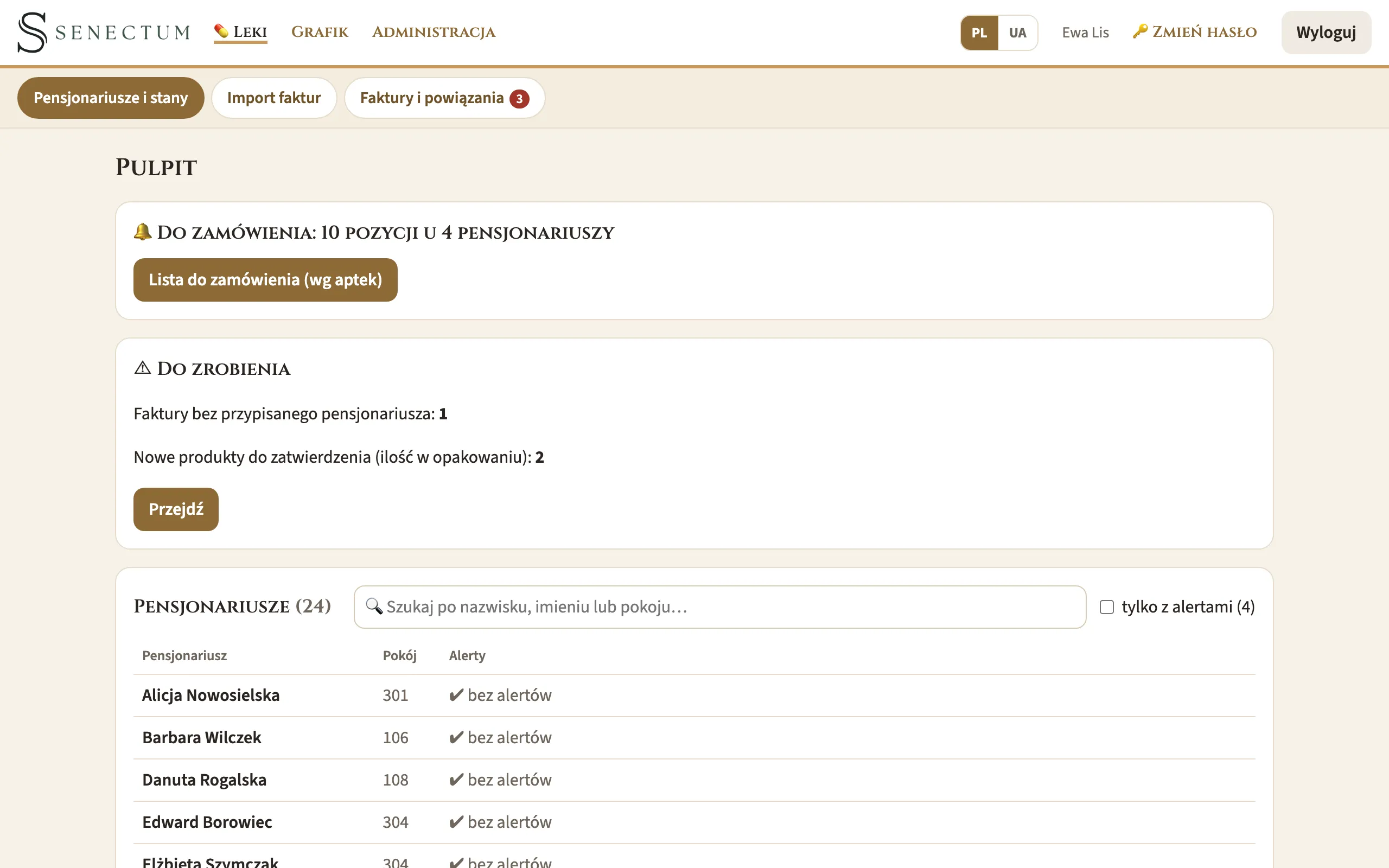 Pulpit leków: do zamówienia, faktury do przypisania, produkty do zatwierdzenia, pensjonariusze z alertami